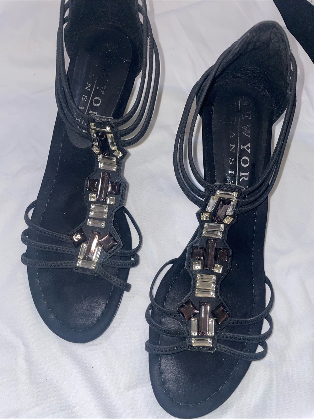 New York Transit Black Jeweled Strappy Heels